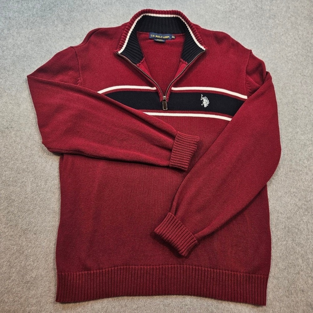 US POLO ASSN. | Maroon Horizontal Block Stripe 1/4 Zip Knit Sweater Mens XL